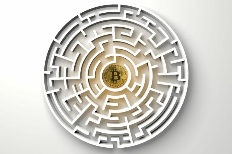 bitcoin in the central point of maze view from above.