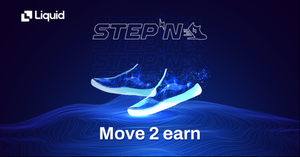 Auf diesem blau getönten Bild sind zwei Schuhe und das logo von Stepn zu sehen. Unter den Schuhen steht noch "Move 2 earn"