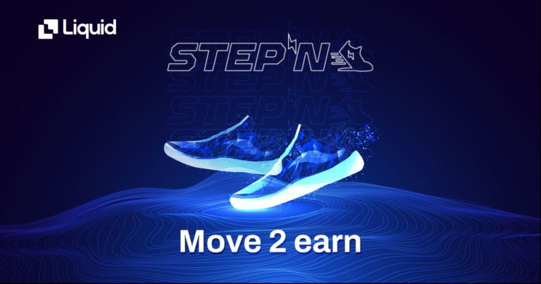 Auf diesem blau getönten Bild sind zwei Schuhe und das logo von Stepn zu sehen. Unter den Schuhen steht noch "Move 2 earn" 