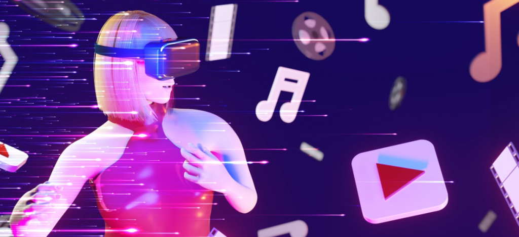 Auf diesem Bild ist eine Frau zu sehen, die eine virtuelle Brille trägt und im Metaverse ist. Nebenbei sind einige emoticons zu sehen wie z.b Musik