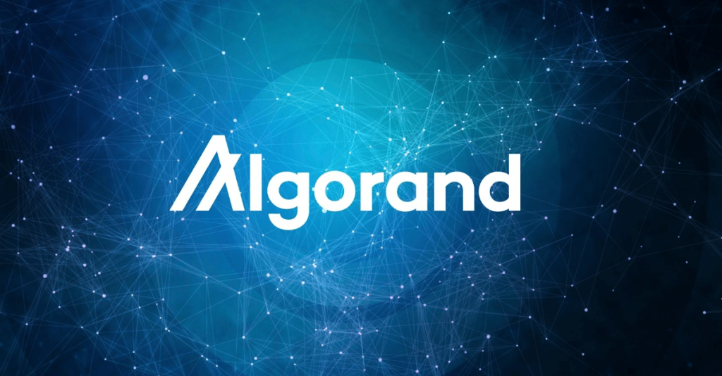 Auf diesem bild is das Logo von Algorand zu sehen, auf blauem Hintergrund.