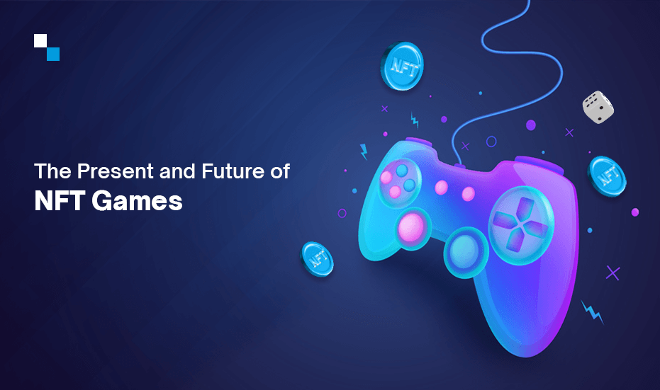 Auf diesem Bild ist ein Controller auf blauem Hintergrund zu sehen, nebenbei steht "the present and future of NFT games"