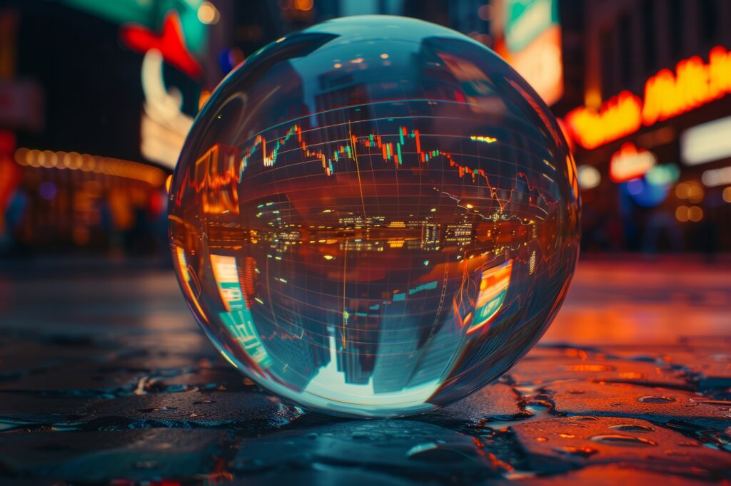 Crypto-Markt Update KW 12: Eine Glaskugel reflektiert den Bitcoin-Kurschart und symbolisiert Marktprognosen, Liquiditätstrends und die aktuelle BTC-Preisbewegung