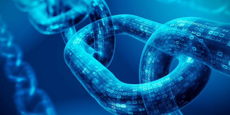 Symbolische Darstellung einer Blockchain als verknüpfte digitale Kette aus Daten, passend zur Cryptopedia-Kategorie Blockchain 1x1.