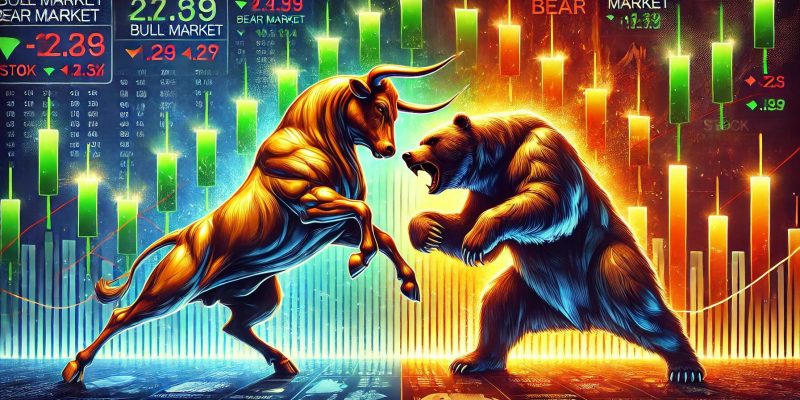 Bull Market vs. Bear Market im Kampf, dargestellt im Wall-Street-Stil mit korrekten Marktkerzen für Bullenmarkt-vs.-Bärenmarkt