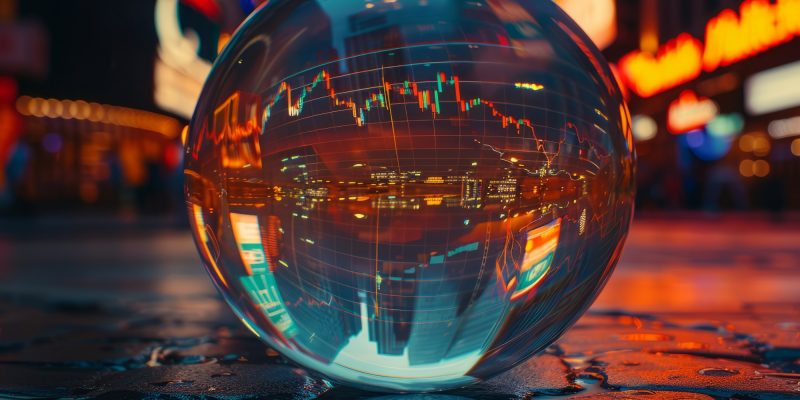 Crypto-Markt Update KW 12: Eine Glaskugel reflektiert den Bitcoin-Kurschart und symbolisiert Marktprognosen, Liquiditätstrends und die aktuelle BTC-Preisbewegung