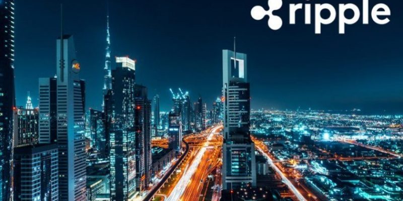 Dubai Skyline bei Nacht mit Ripple-Logo – Ripple erhält erste Krypto-Lizenz in Dubai für regulierte grenzüberschreitende Zahlungen.